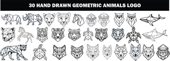 Geometric Animal Logos, A collection of 30 hand-drawn geometric animal logos, showcasing a variety of creatures rendered in a minimalist, line art style. Perfect for branding. 