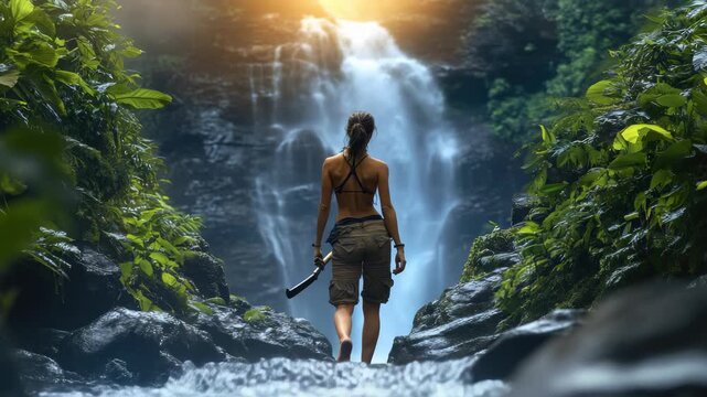 A girl with a machete stands facing a large waterfall in a jungle. Sunlight filters through the trees in this jungle video. She seems ready for anything