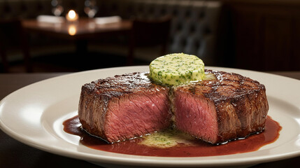 Juicy grilled filet mignon steak cut in half with herb butter melting on top, served on a plate with red wine sauce in upscale restaurant setting