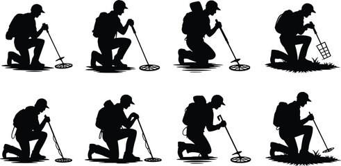Obraz premium Silhouette of a person metal detecting in various poses
