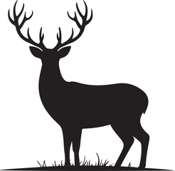 Obraz premium Silhouette Vector of Deer with Antlers and Forest Outline on White Background
