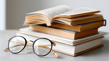 Stack of Open and Closed Books with Stylish Reading Glasses on a Minimalist Table