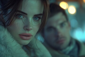 Distressed businesswoman in modern office facing potential conflict with blurred figure behind her