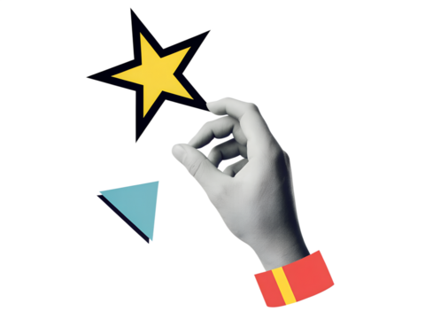 A hand holding a red question mark. Illustration in a modern collage style on a transparent background