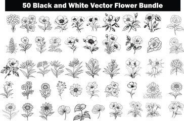 Black and White Flower Bundle, A collection of detailed black and white vector illustrations featuring a diverse array of floral designs, perfect for adding an artistic touch to any creative project.
