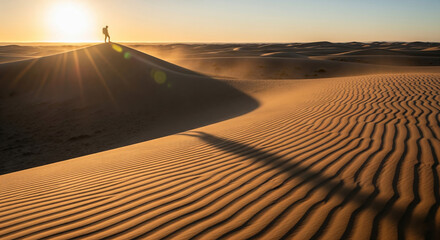 Naklejka premium Silhouette of a Person Walking on Sand Dunes at Sunset, Desert Landscape and Adventure Concept