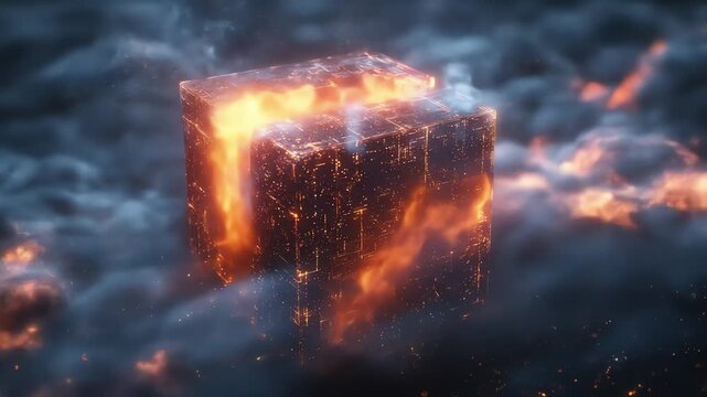 Illuminated cube enveloped in firelike swirls amidst dark cloudlike formations