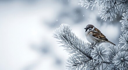 Sparrow perched on a frost covered pine branch in winter snowy scene wildlife bird photography seasonal nature close up detail in a natural setting