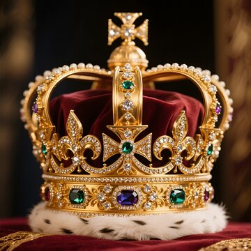 Close-up of a magnificent golden crown with colorful gemstones.