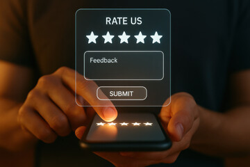 Rate us feedback submit five star rating on smartphone screen