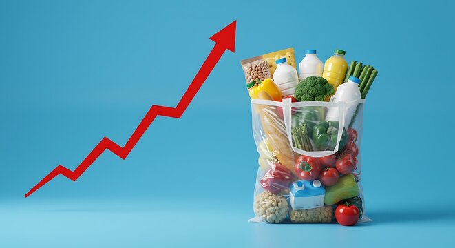 Rising cost of groceries depicted with a upward trending arrow and shopping bag - Powered by Adobe