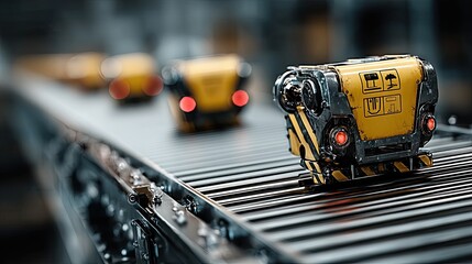 Fototapeta premium Small Yellow And Black Robots On Conveyor Belt In Automated Factory