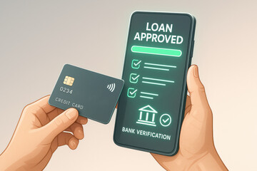 Loan approved bank verification on smartphone screen with credit card in hand