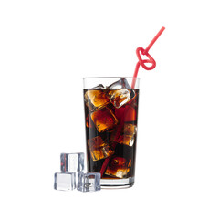 Refreshing cola drink with ice cubes and a red straw.
