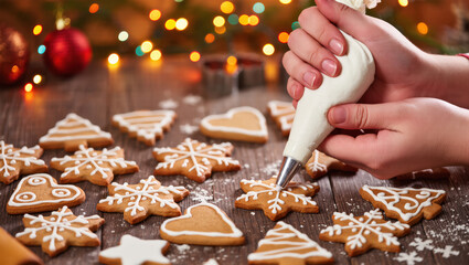 Christmas cookies being decorated with icing on a wooden table, surrounded by festive lights and traditional holiday shapes.