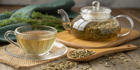 Fototapeta premium Fennel Tea Glass Teapot and Cup Composition, Herbal Beverage, Wooden Background, Aromatic Drink, Fennel Seeds Fennel Tea, Herbal Remedy