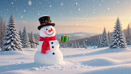 Obraz premium Christmas snowman with red scarf and top hat holding a gift in snowy landscape with pine trees and falling snow.