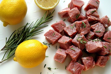 Tender gourmet meat with fresh rosemary and lemon on a clean white background for culinary delights