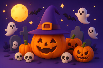 Halloween scene with carved pumpkins wearing witch hats surrounded by ghosts bats and skulls under full moon night