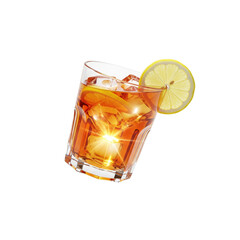 A glass of iced tea with lemon slice and ice cubes against a transparent background isolated