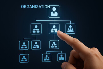 Organizational chart with hand pointing at digital business structure concept