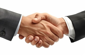 Close up of two businessmen in suits shaking hands in agreement against a white background