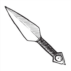 Vector illustration of a single dagger knife with sharp blade and textured handle, drawn in black and white sketch style, minimal and bold.