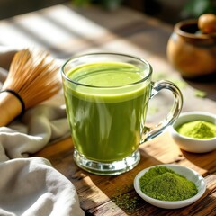 Matcha green tea smoothie in a glass, bamboo whisk and matcha powder beside it