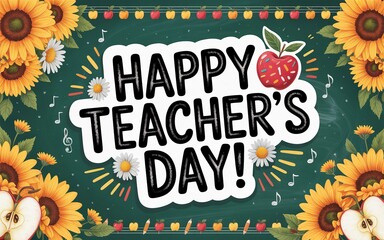 Happy Teacher’s Day greeting card with apple tree and daisies.