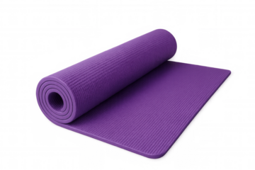 Purple yoga mat partially rolled up, promoting relaxation and wellness, on a transparent background