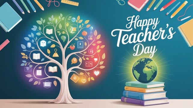 Happy Teacher’s Day greeting card with colorful educational elements.
