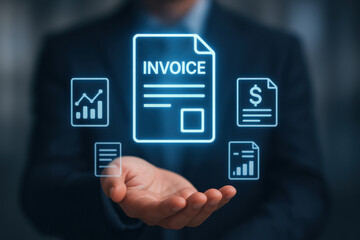 Invoice document with financial icons floating above open hand in business concept