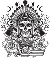 Fototapeta premium Tribal Skull Chief with Headdress Vector Artwork