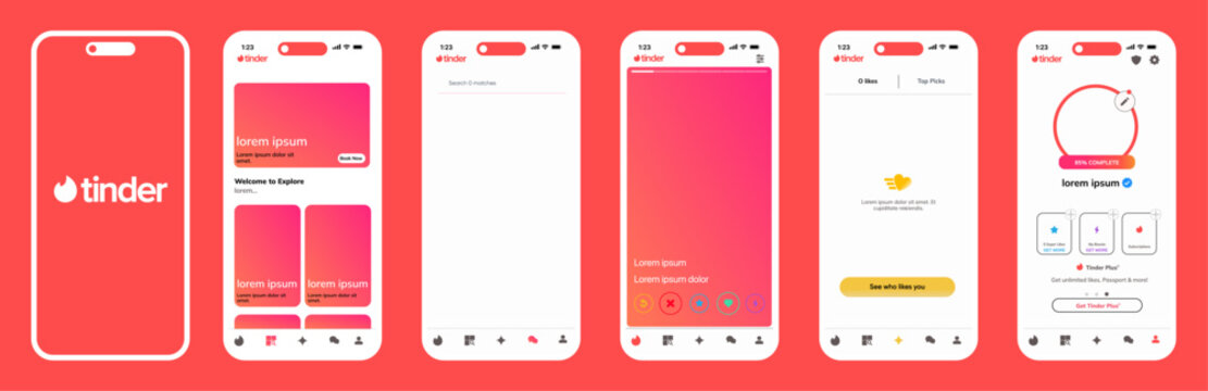 Tinder UI mockup template with profile cards, swipe left right design, match screen, chat messages, notifications, and modern dating app interface in vector format