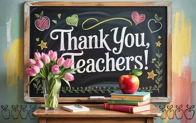 Blackboard showing colorful thank you message celebrating Teacher’s Day.