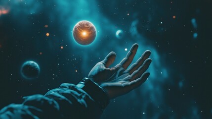 Hand reaching for a glowing planet in space.