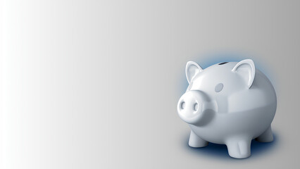 White ceramic piggy bank on a gradient gray background with free space for text. A symbol of savings, financial literacy, personal income, and budgeting.