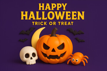 Halloween trick or treat greeting with carved pumpkin skull spider bats and crescent moon on dark purple background