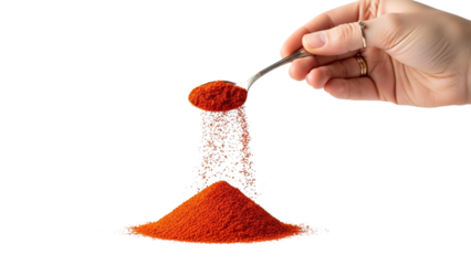 A Dash of Heat: A Hand Sprinkling Vibrant Red Paprika or Chili Powder from a Spoon, Isolated on White
