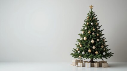 Decorated Christmas Tree with Gold Ornaments and Presents on a Plain Background