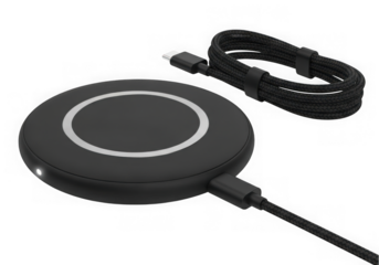 Black wireless charging pad with usb cable isolated on transparent background