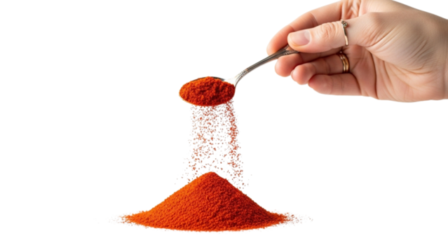 A Dash of Heat: A Hand Sprinkling Vibrant Red Paprika or Chili Powder from a Spoon, Isolated on White