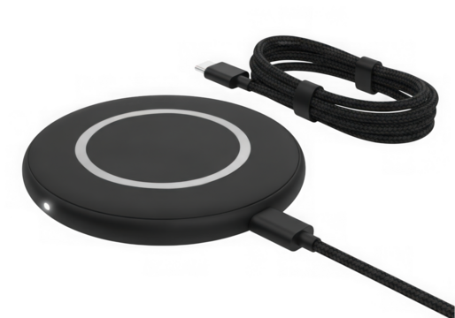 Black wireless charging pad with usb cable isolated on transparent background