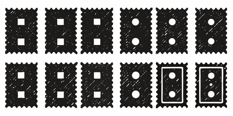 Collection of hand drawn dominoes with square and circle dots on white background