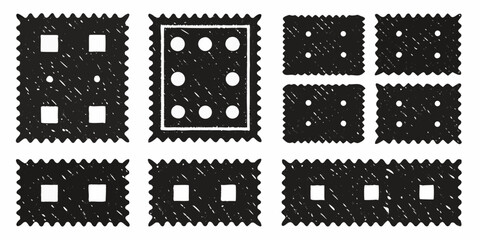 Collection of hand drawn black and white cracker icons with various hole patterns on a white background