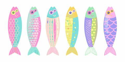 A charming collection of six whimsical colorful cartoon fish with unique patterned bodies and friendly faces