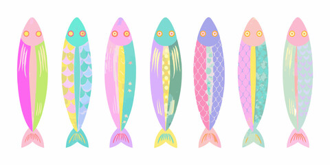 A school of seven colorful patterned fish swimming in a row with white background