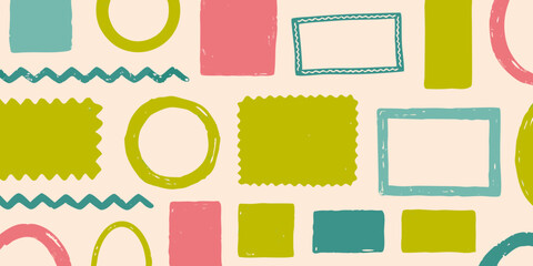 Collection of hand drawn doodle frames and shapes in pastel colors on a light background