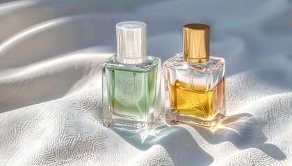 Two Glass Perfume Bottles on White Fabric