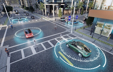 3D conceptual render top view of urban scene with autonomouse vehicles emmiting object recognition signals
